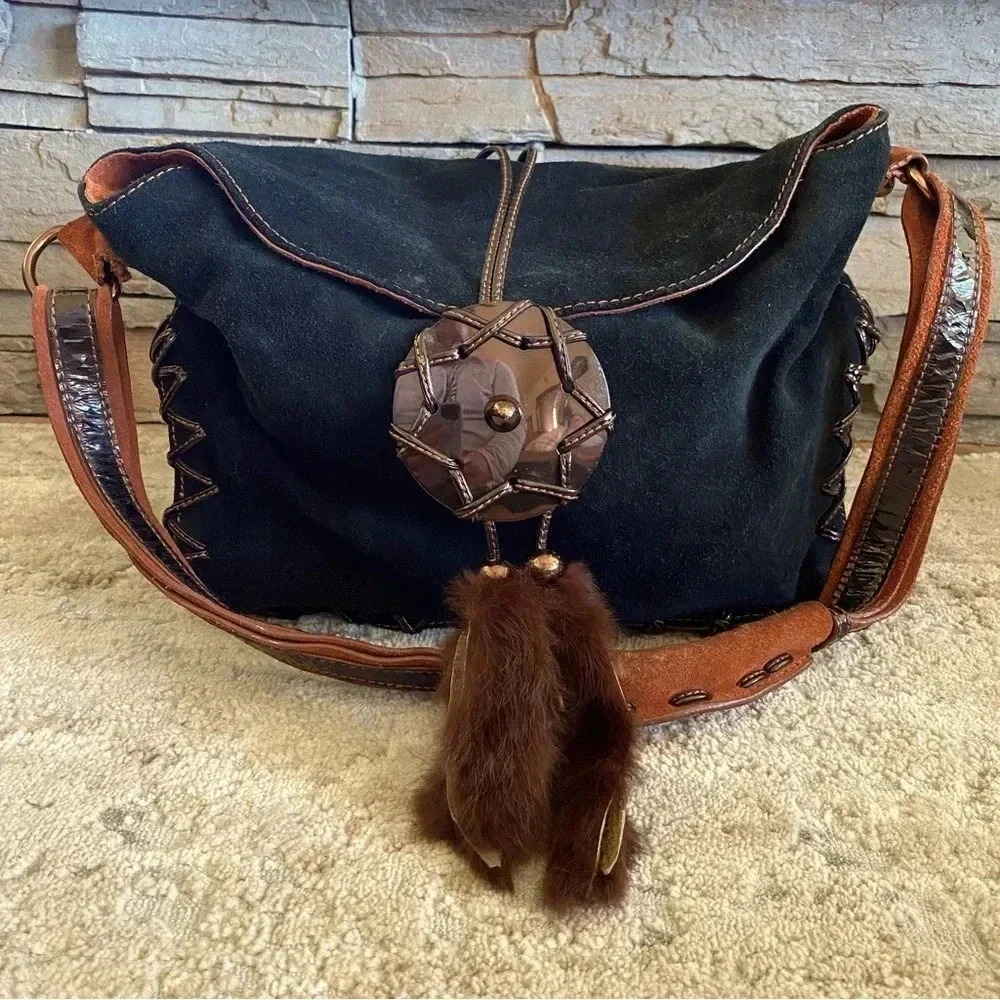 Cromia Black Leather Suede Rabbit Fur Dream Catch Shoulder Purse Boho